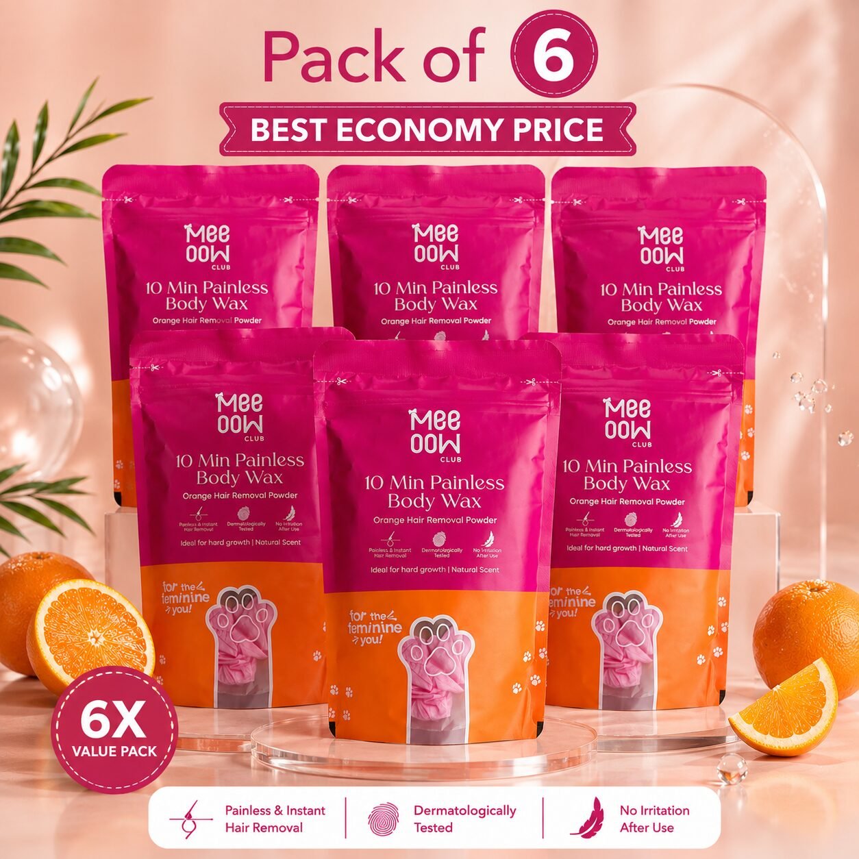 Meeoow 10 Min Painless Body Wax Powder (Pack of 6 Deal)